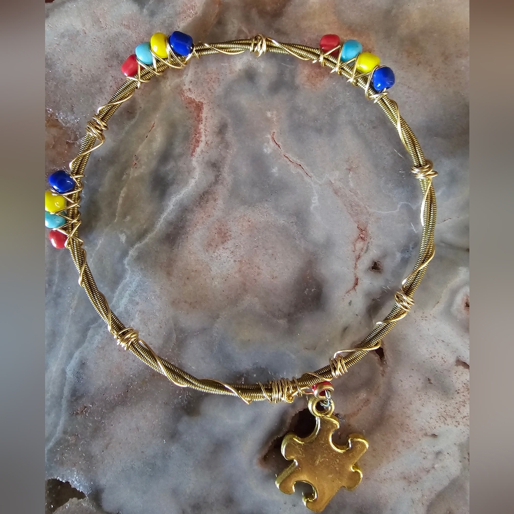 Autism Awareness Guitar String Bangle Bracelet with Puzzle Charm